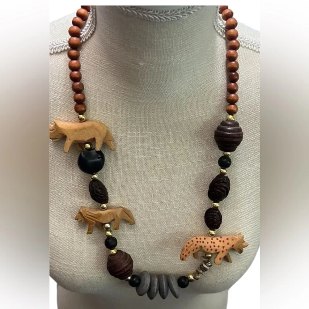 Vintage purple & Beige Beaded & Tribal Animal Statement Necklace